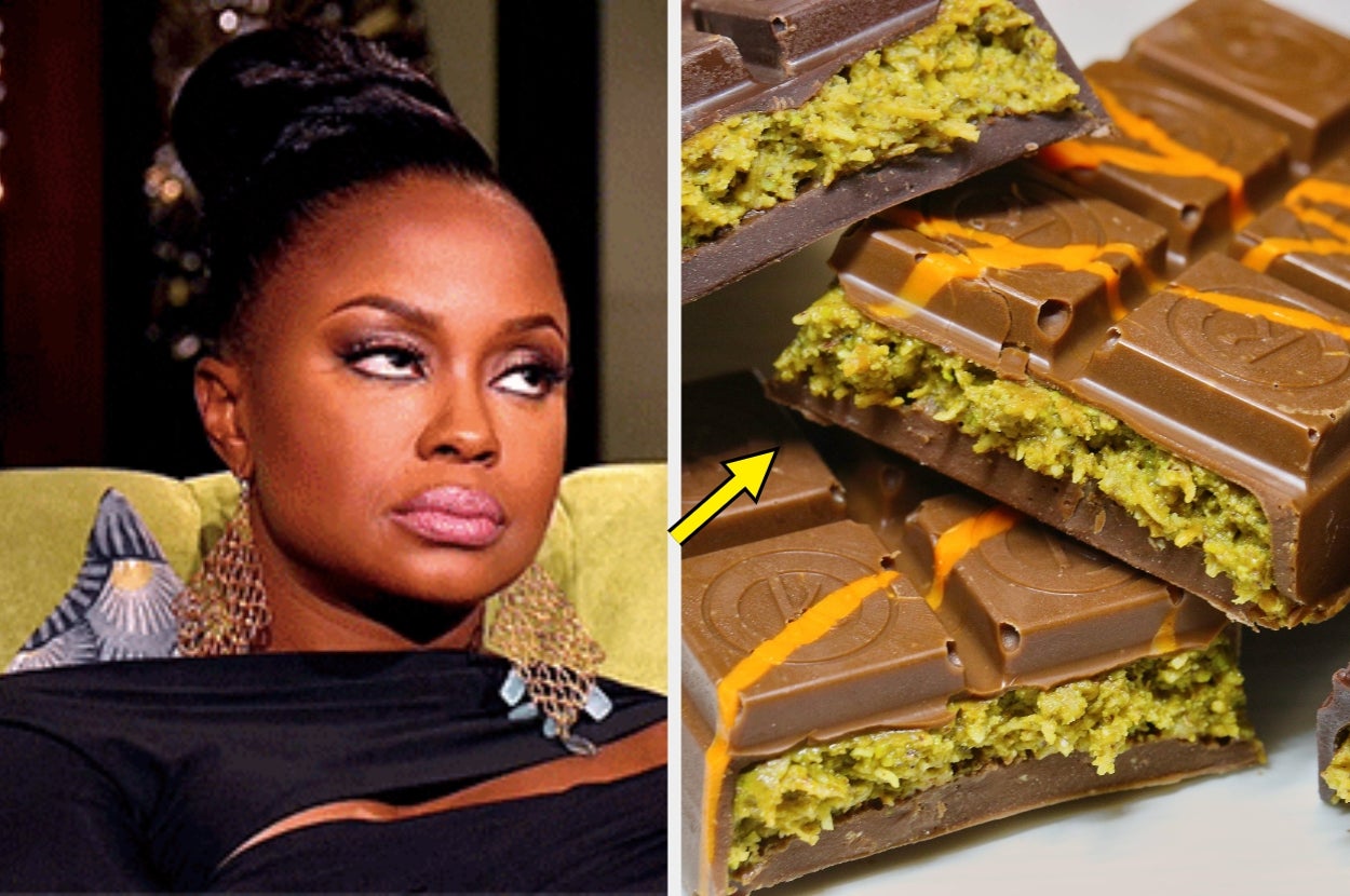 Left: Person sitting on a couch, wearing large earrings and a black dress. Right: Close-up of chocolate bars with green filling and orange drizzle