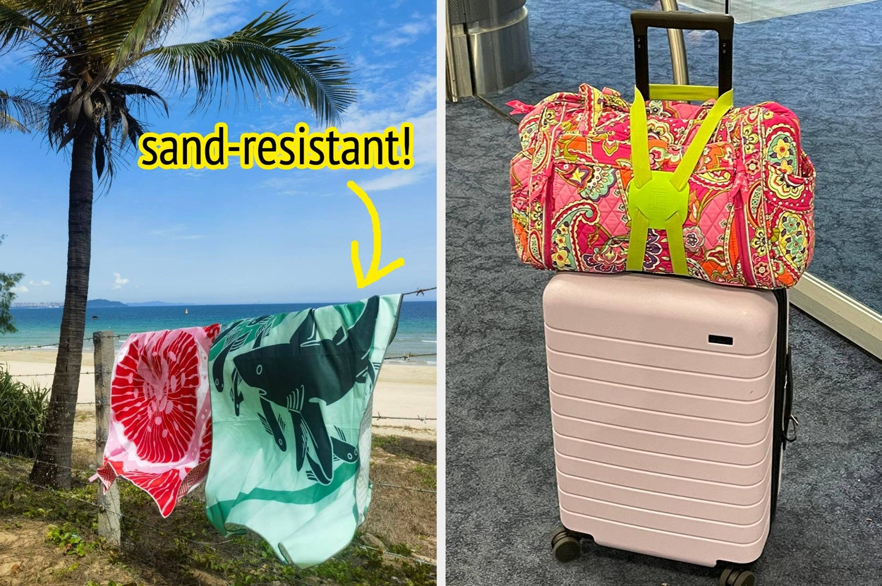 On the left, a pair of towels drying at a beach with yellow arrow and text "sand-resistant", on the right a suitcase with a personal item secured by a neon bungee strap