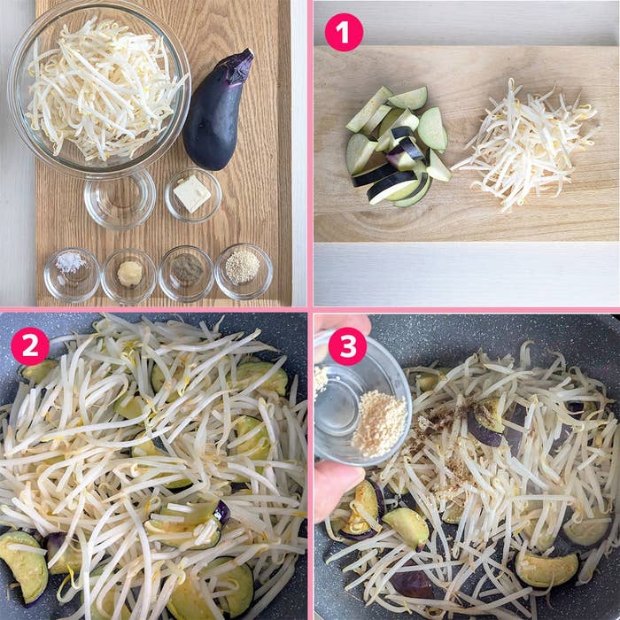なすともやしの炒め物の調理手順。1. 材料の準備、2. フライパンで炒める、3. 調味料を加える。