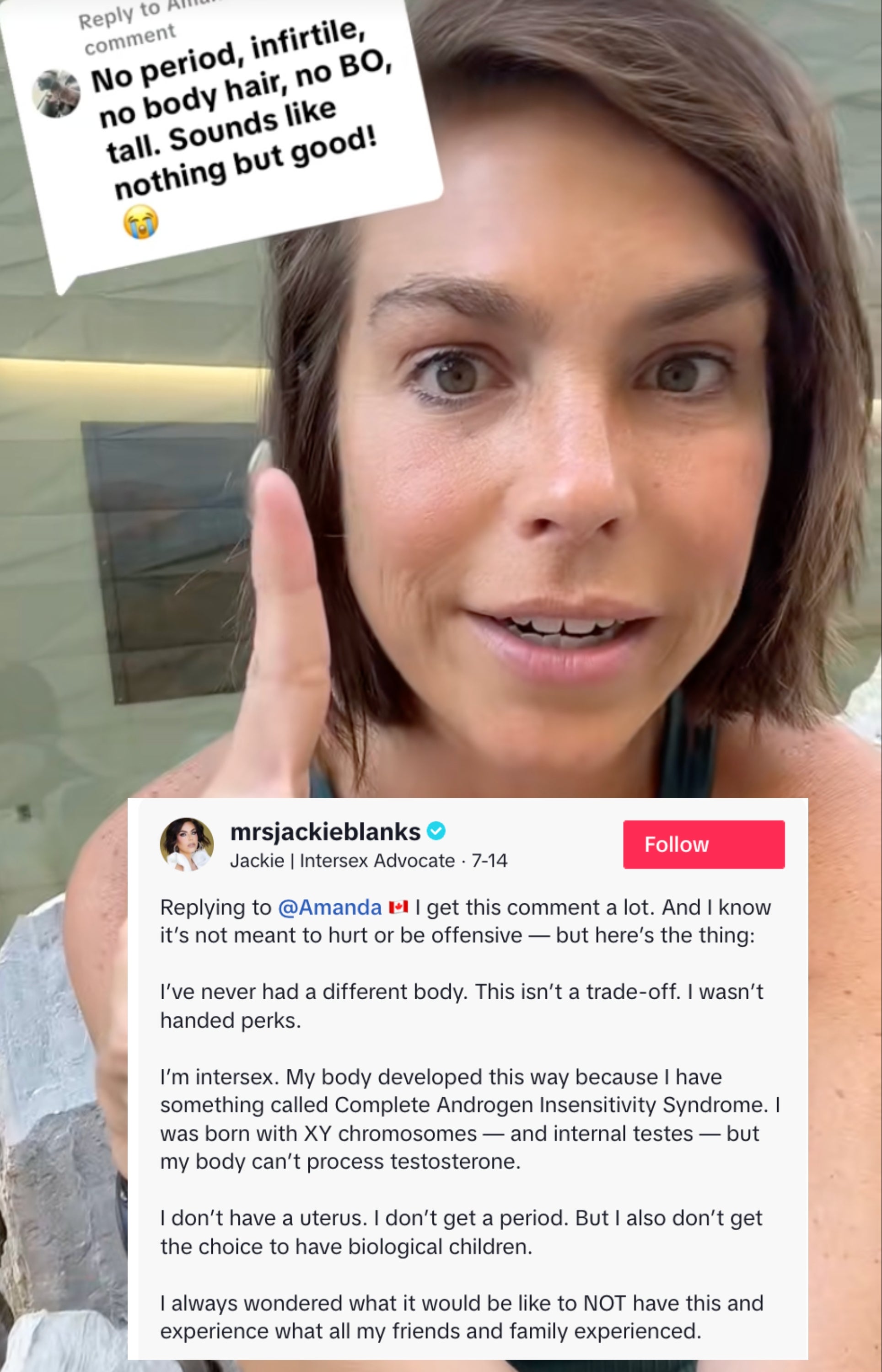 Person som har en tank top holder opp en finger, og svarer på en kommentar om å være & quot; infertil, ingen kroppshår, ingen bo & quot; med lekent uttrykk