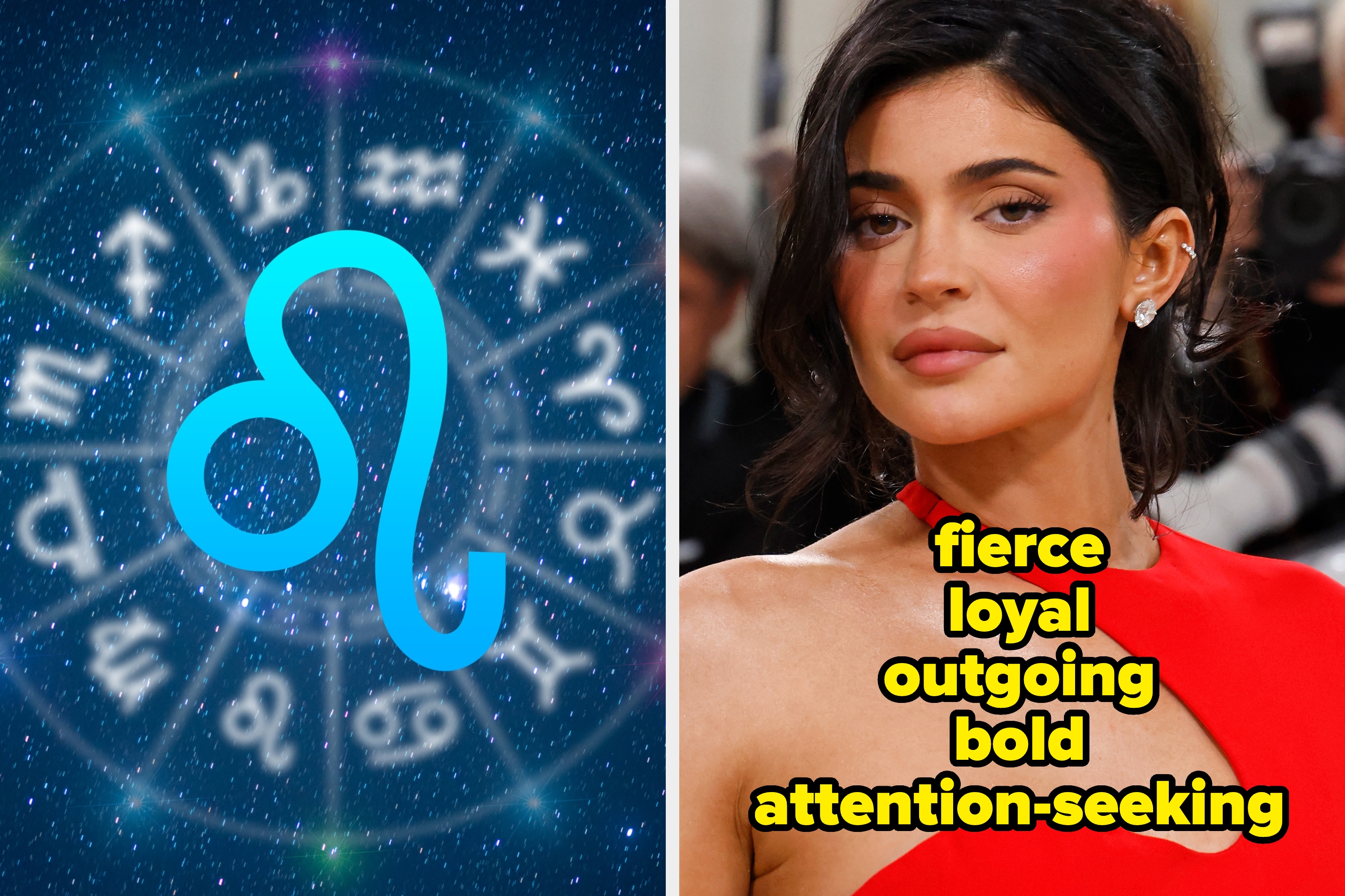 Astrological wheel featuring zodiac symbols with a prominent Leo symbol overlaid next to Kylie Jenner and a list of Leo traits