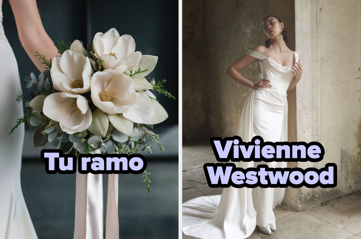 Left: White floral bouquet. Right: Woman in elegant, off-shoulder Vivienne Westwood gown