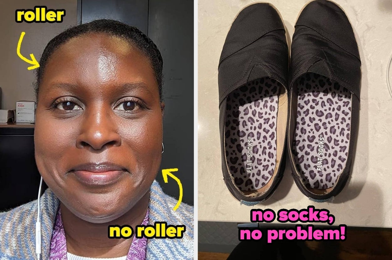 Side-by-side image: left, a person with hair styled smoothly and without a roller; right, slip-on shoes labeled "no socks, no problem!"