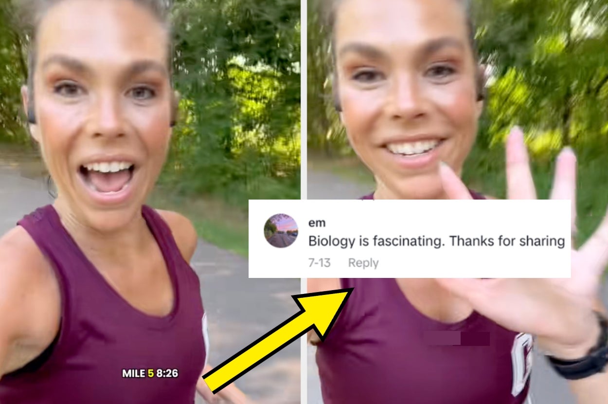 Person jogging and smiling in a park; text overlay reads, "Biology is fascinating. Thanks for sharing." Arrow points to the comment