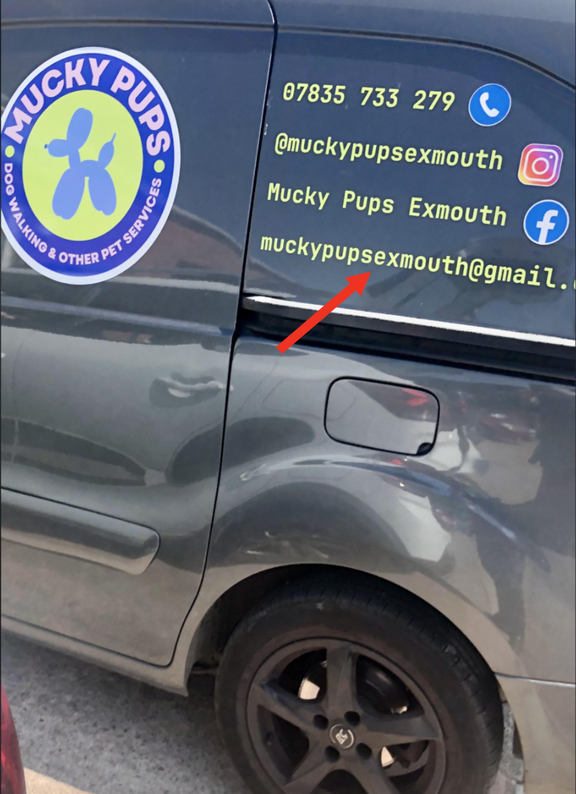 A van with substance   promoting "Mucky Pups" canine  walking services, featuring telephone  number, societal  media handles, and email interaction  details