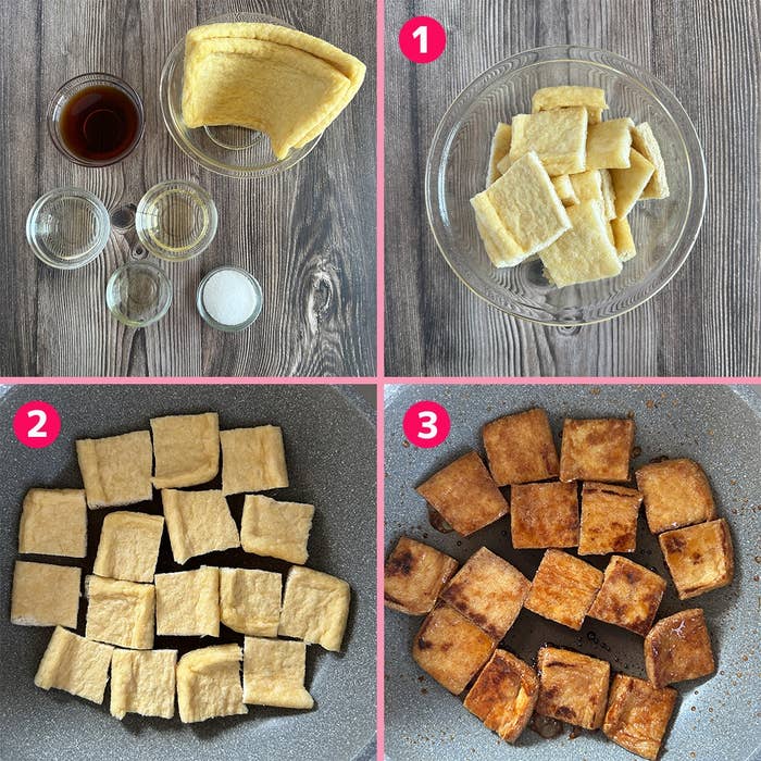 油揚げ料理の調理手順のコラージュ画像。1. 材料準備 2. カットした油揚げを焼く 3. 味がついた油揚げが焼き上がる。
