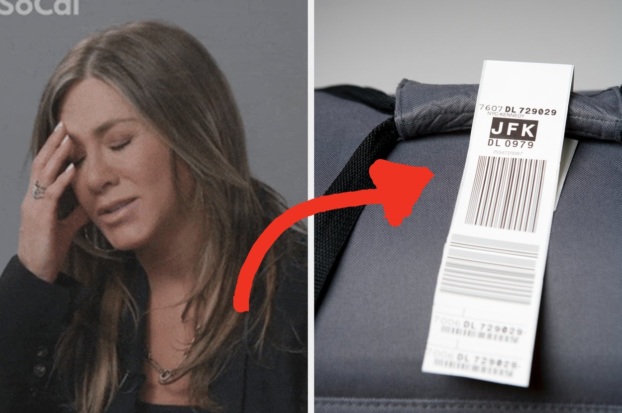 Person in distress next to suitcase with JFK luggage tag, implying travel issues