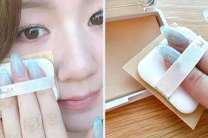 女性が油取り紙で顔の油を取っている様子。