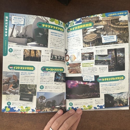 多数の写真と記事が載っている旅行雑誌のページ。観光地やアトラクションの情報が記載されている。