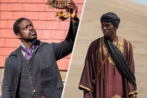 Two individuals in period costumes: one examines an artifact; the other stands in a desert wearing a turban and robe. Both appear contemplative