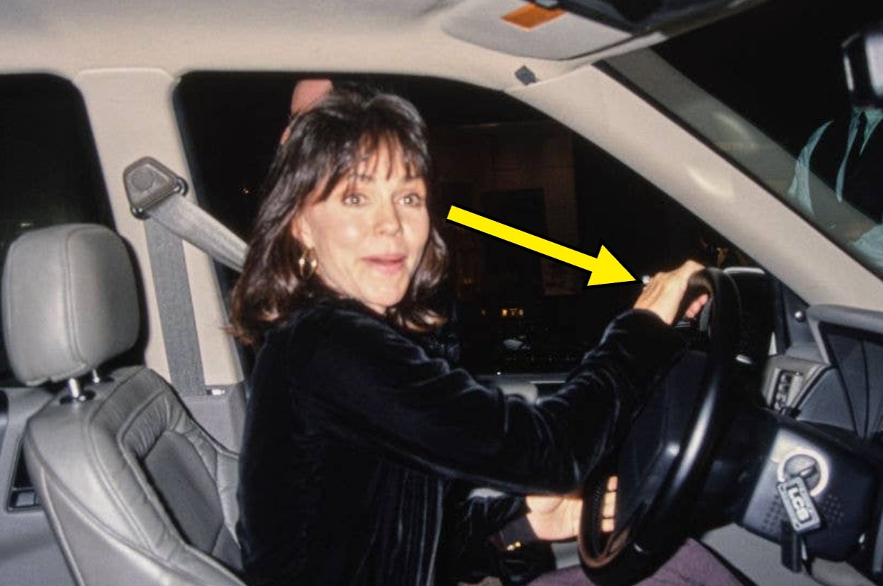 A woman in a car's driver seat, smiling with surprise, while a yellow arrow points to the steering wheel. Retro style photo