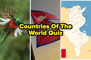 A "Countries of the World Quiz" image featuring a colorful bird, a flag with a unique emblem, and a partial map with labeled cities