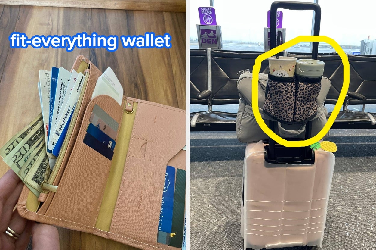 Open wallet with cards and cash next to a leopard print travel pouch on suitcase, holding drinks and snacks at an airport
