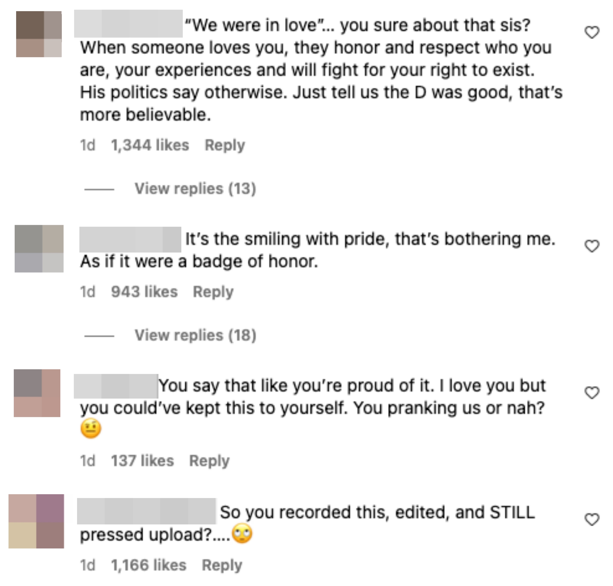 Social media comments criticize and mock someone for sharing a personal story, questioning sincerity and intentions