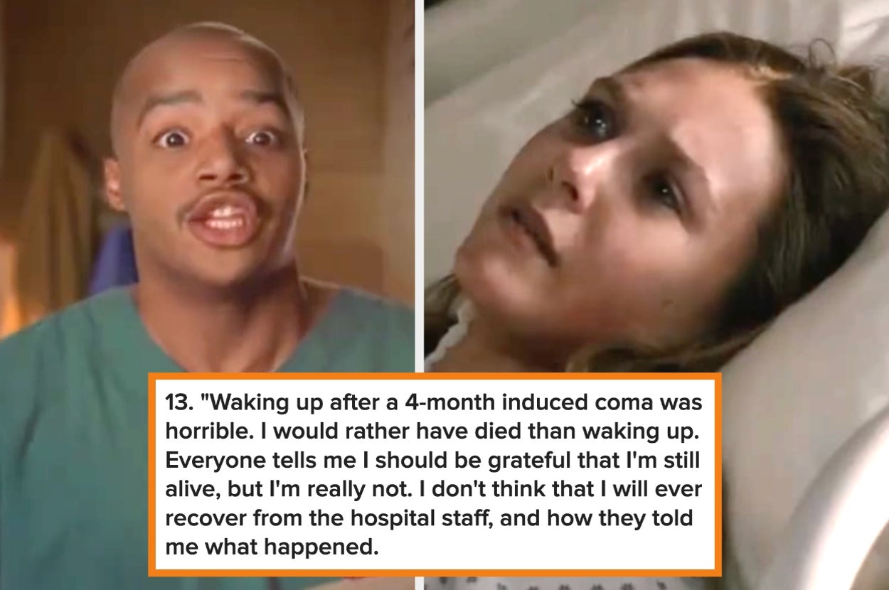 Two TV or film scenes: Left, a man speaks. Right, a woman looks distressed in a hospital bed. Text describes waking from a coma and feeling traumatized