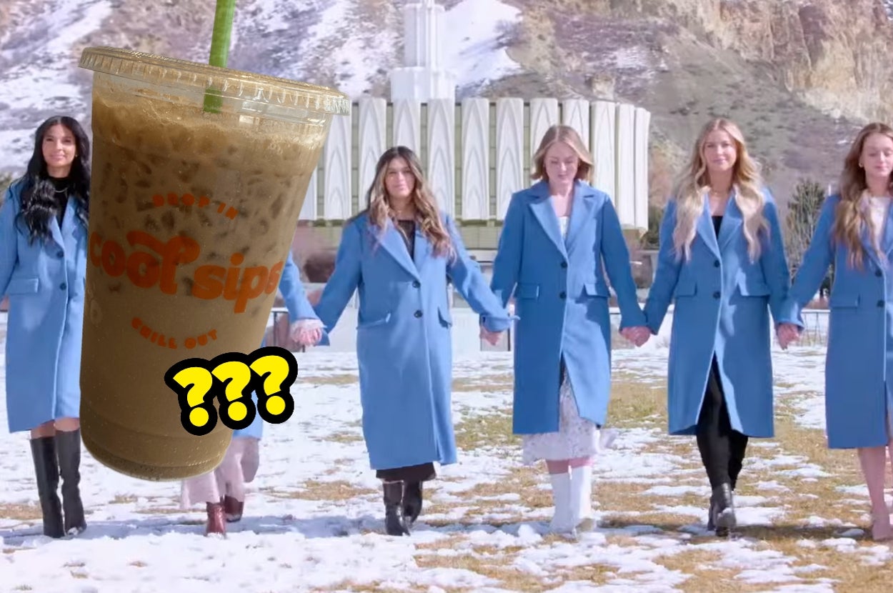 Five women in blue coats holding hands outdoors with a large iced coffee cup overlay featuring question marks