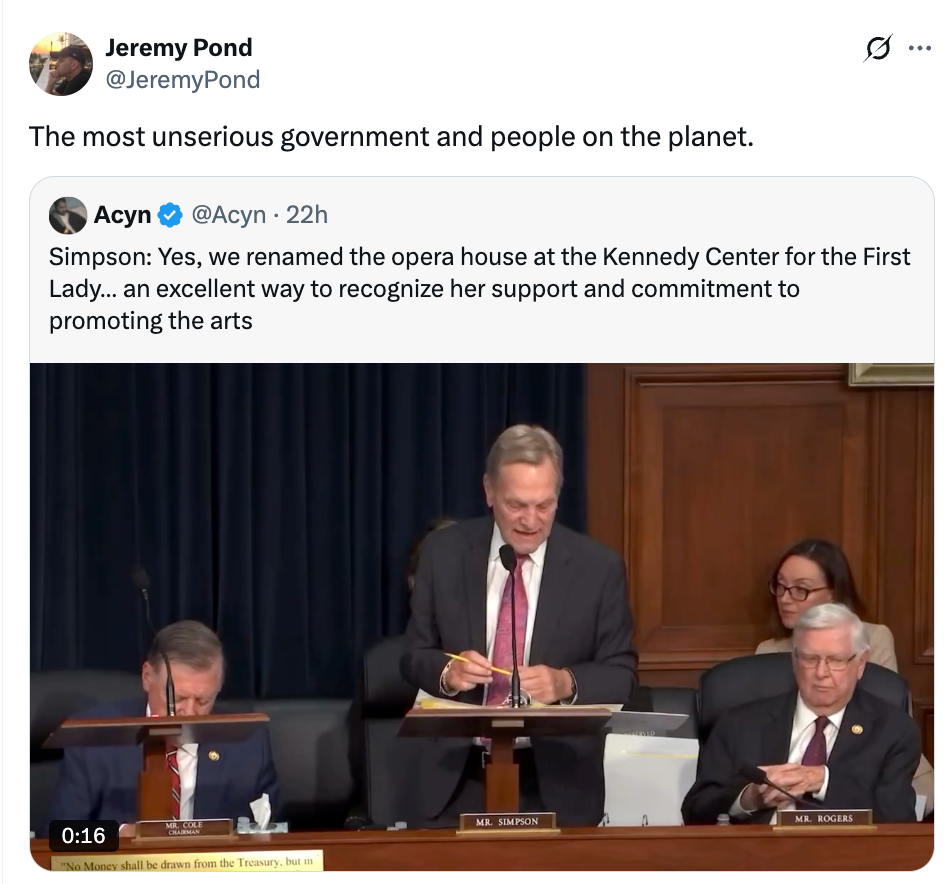 Tweet criticizing a government panel discussing renaming the Kennedy Center opera house for the First Lady, emphasizing her arts commitment