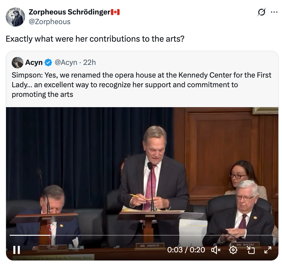 Screenshot of a tweet discussing contributions to the arts, highlighting Simpson&#x27;s statement on renaming an opera house for the First Lady&#x27;s support