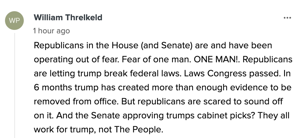 Summary of a social media post critiquing Congressional Republicans for not acting against Trump&#x27;s actions and decisions, despite available evidence