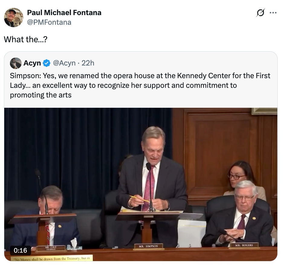 Three men in suits sit at a table with nameplates; one is speaking behind a podium. Text mentions the Kennedy Center and the First Lady