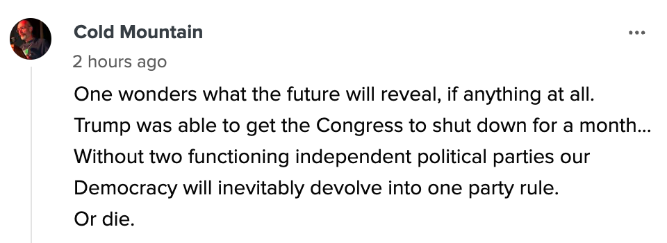 Text post discussing concerns about political parties, government shutdown, and potential devolution into one-party rule