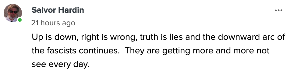 Comment stating, &quot;Up is down, right is wrong, truth is lies and the downward arc of the fascists continues. They are getting more and more not see every day.&quot;