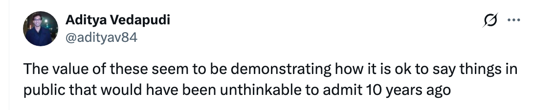 Tweet by Aditya Vedapudi discussing changing public discourse norms over 10 years
