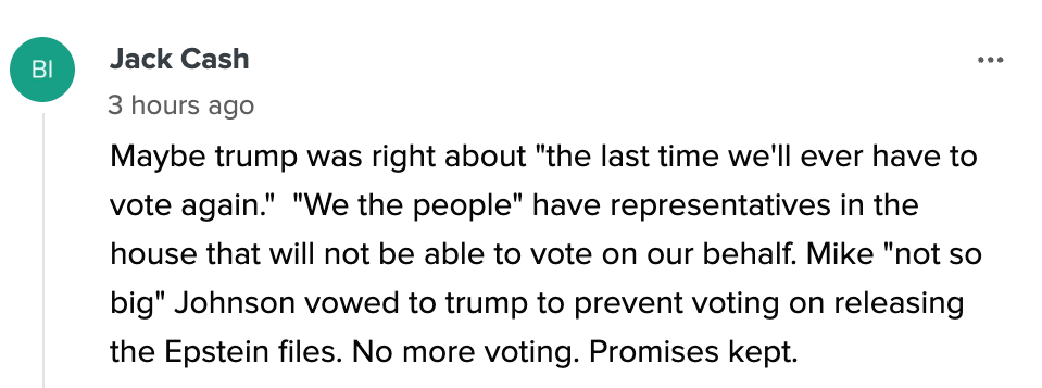 Jack Cash comments on political figures, voting rights, and Epstein files in a critical tone