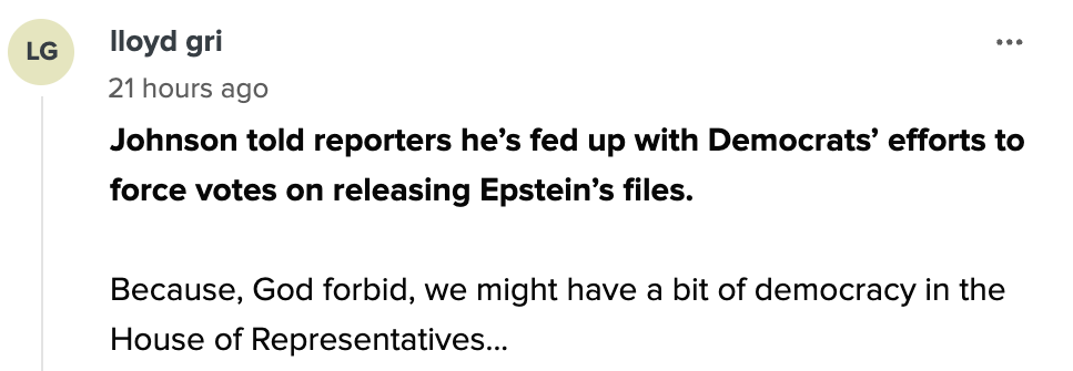 Post criticizes Democrats for pushing votes on Epstein&#x27;s files, sarcastically suggesting democracy is appearing in the House of Representatives