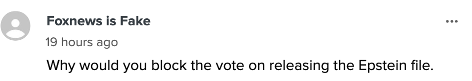 Comment questioning why a vote was blocked on releasing the Epstein file
