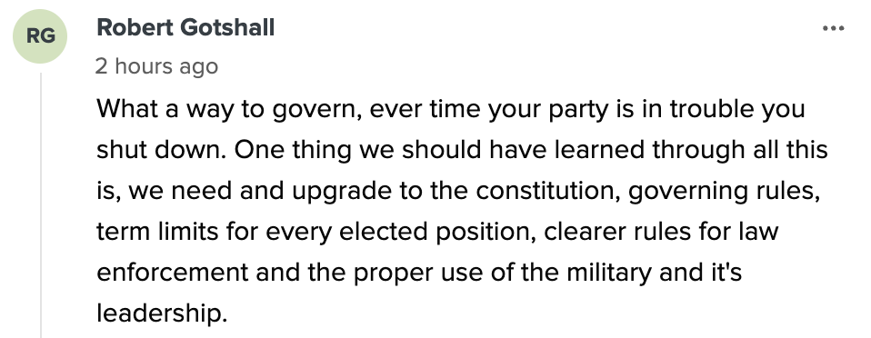Summary of text about governing: Discusses constitutional upgrades, term limits, clearer law enforcement rules, and military leadership improvements