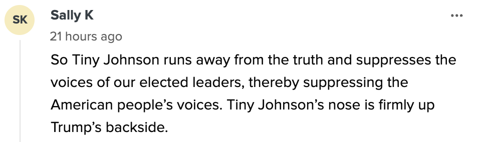 Summary of a social media comment criticizing &quot;Tiny Johnson&quot; for avoiding truth and suppressing American voices, implying support for Trump