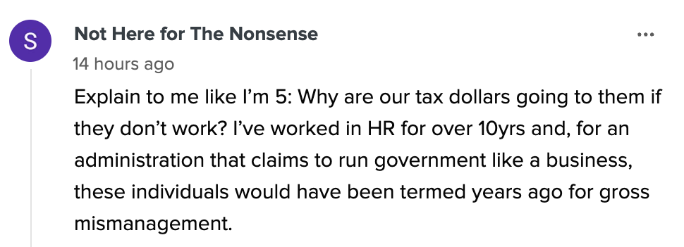 Comment questioning tax usage for non-working officials, citing HR experience and criticizing government mismanagement over 10 years