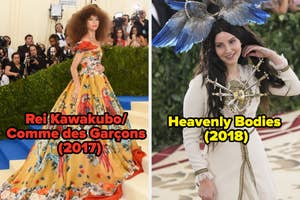 Two photos of women in themed fashion outfits at Met Gala: one in a floral gown (2017) and the other in a celestial-themed ensemble (2018)