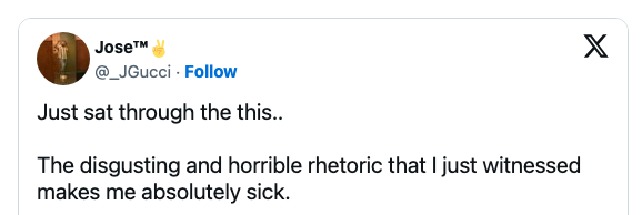 Tweet expressing disgust and sickness over rhetoric the user witnessed