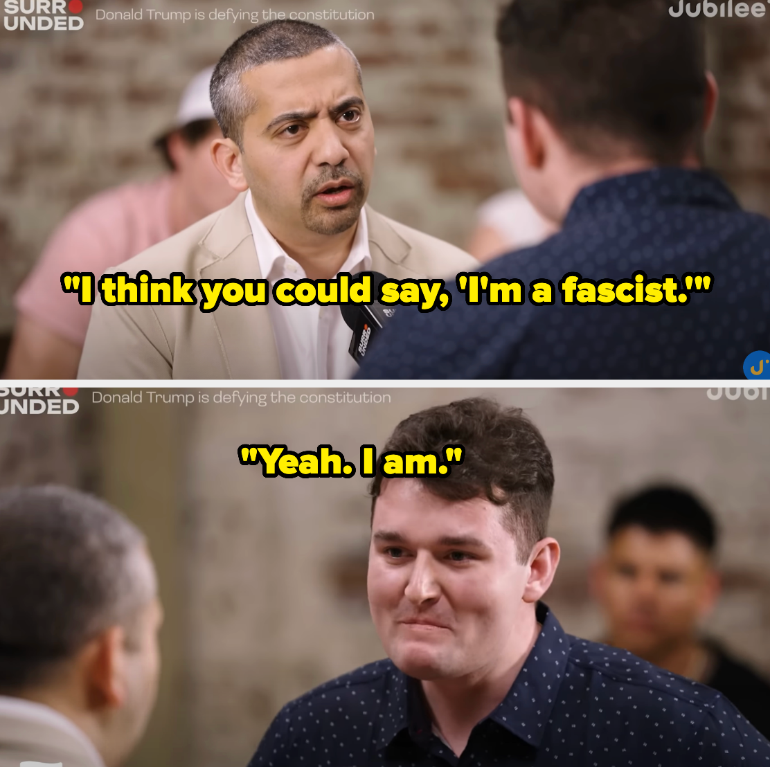 Two men engaged in conversation. Man on left suggests, &quot;I&#x27;m a fascist.&quot; Man on right confidently agrees, &quot;Yeah. I am.&quot;