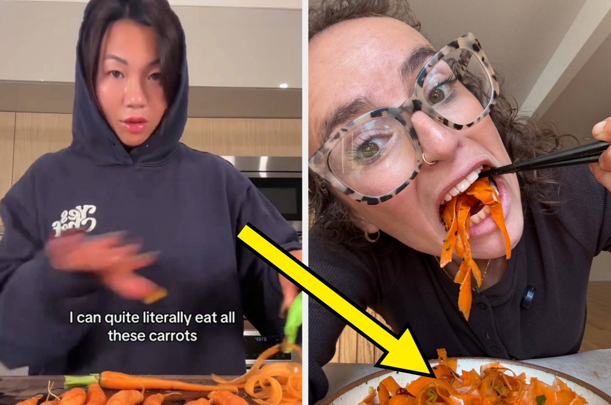 Two people eating a large amount of carrot-based dishes in a kitchen setting, expressing enjoyment