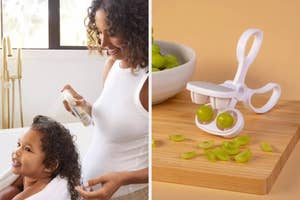 A smiling model uses a spray on a child's hair; beside them is a grape slicer with sliced grapes on a cutting board
