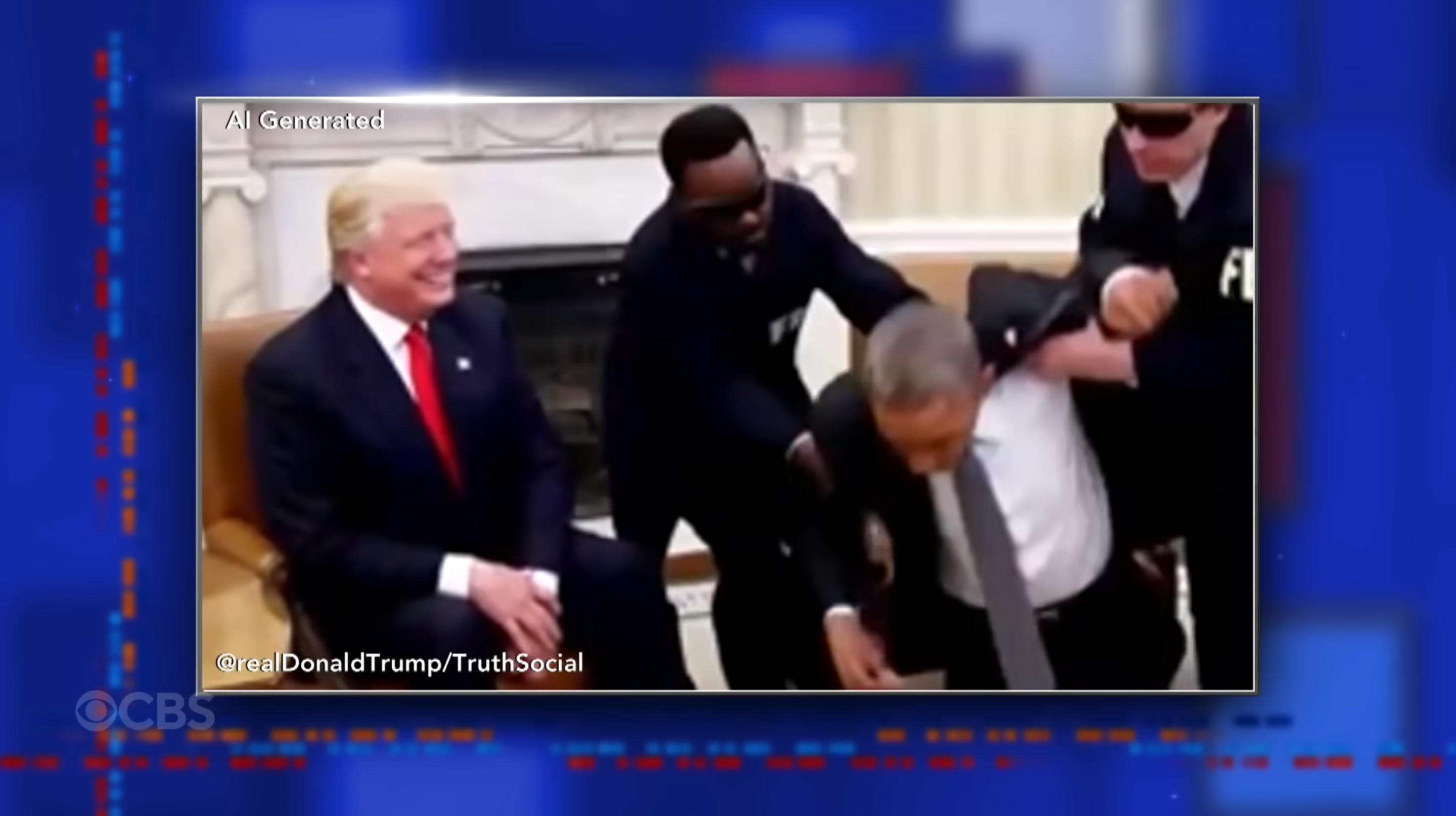 AI-generated image showing Donald Trump smiling while Barack Obama is arrested by two FBI agents