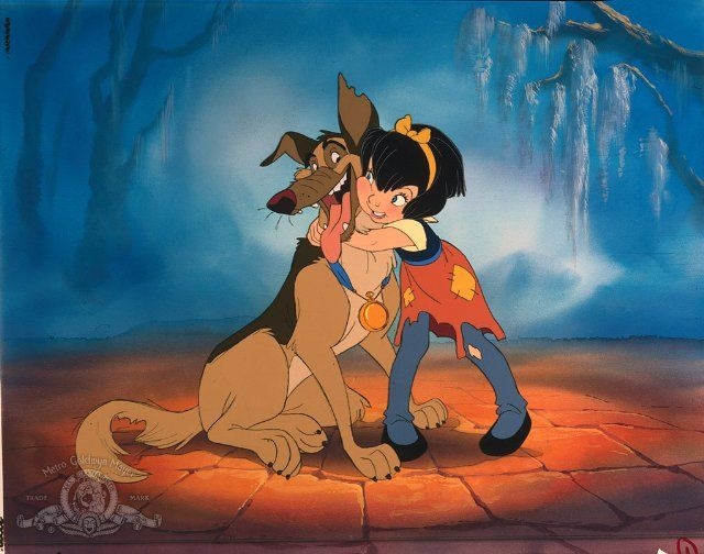 Perro animado y niña abrazándose en una escena conmovedora de una película