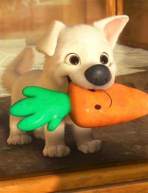 Perro animado sosteniendo un juguete con forma de zanahoria. Su expresión es alegre y juguetona, destacando su actitud divertida