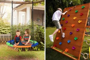 Two children sit on a round swing. Near them, a child climbs a wooden playset with colorful holds. Both activities appear in a garden setting
