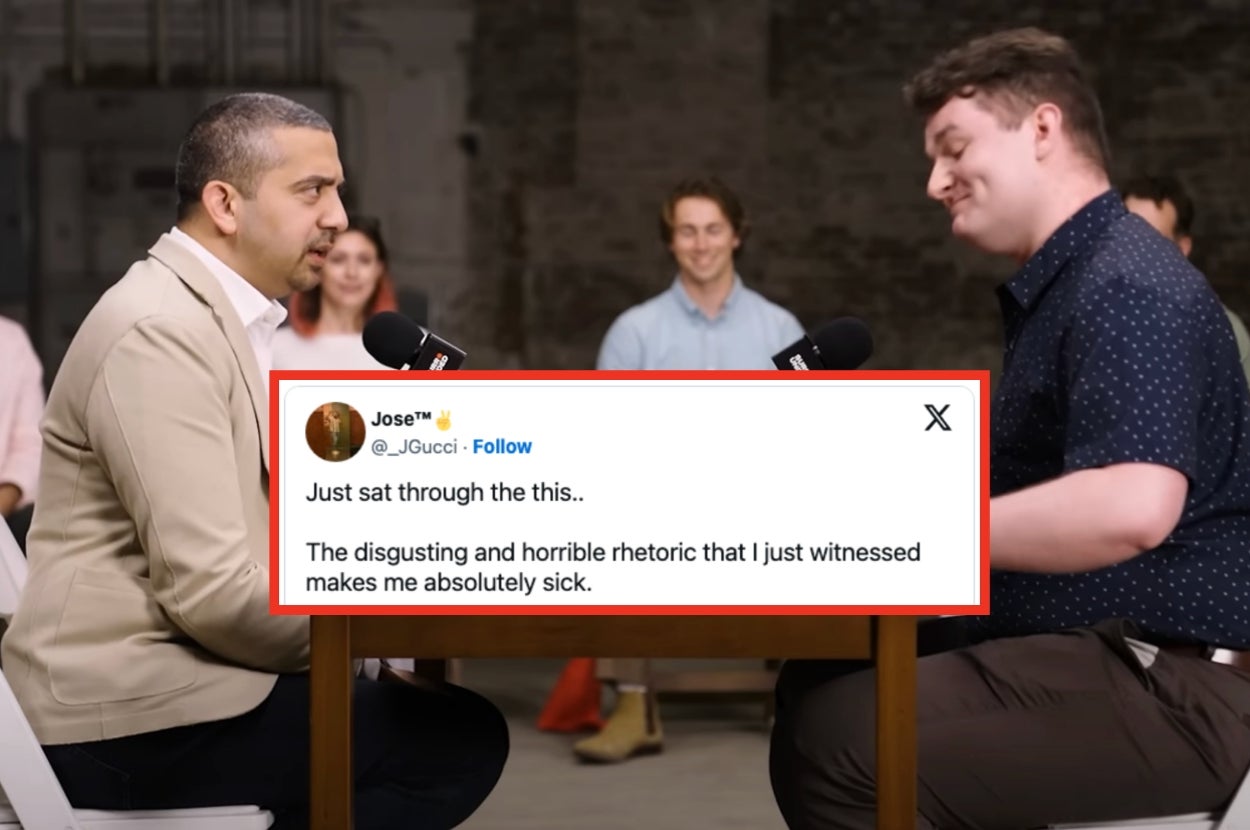 Two men sitting across from each other at a table with a tweet overlay expressing disgust over the conversation