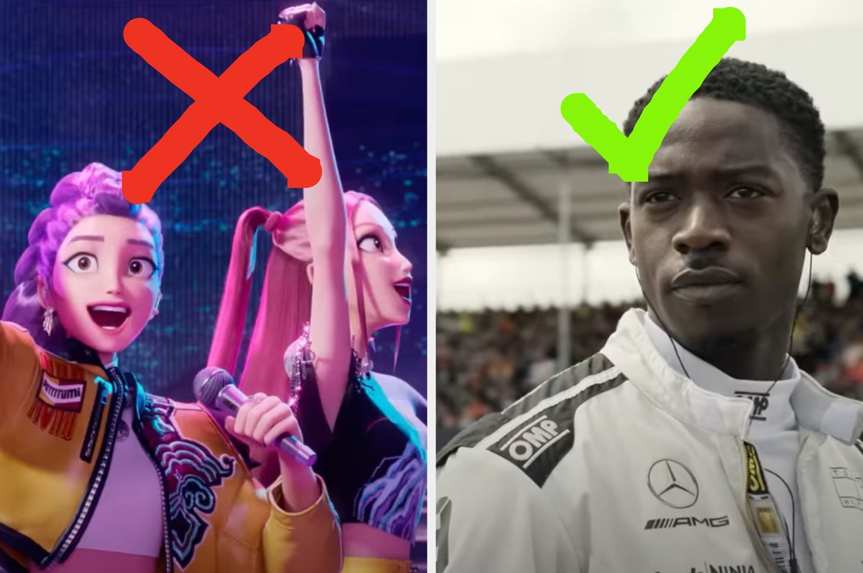 Split image: Left shows animated singers with a red X; right shows a person in a racing suit with a green checkmark