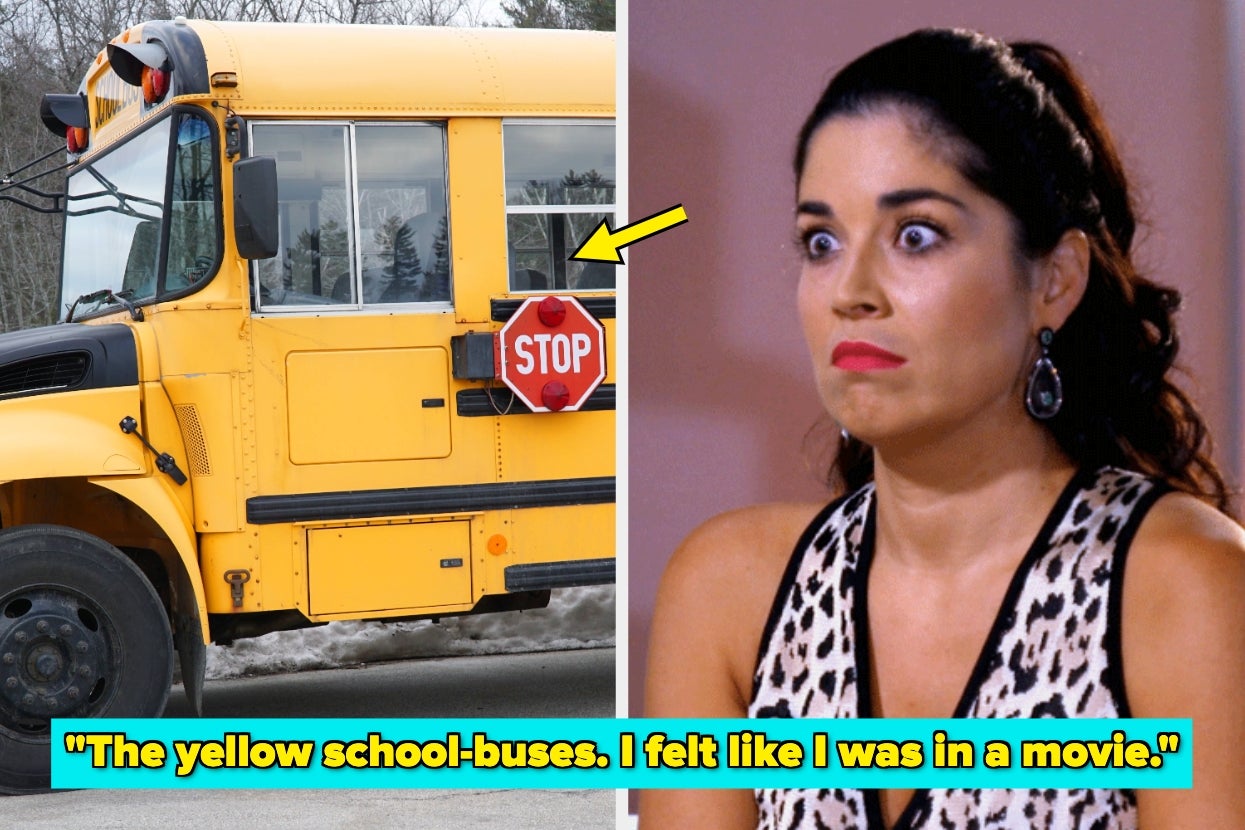 A school bus with a stop sign and a woman's surprised expression; text at the bottom: "The yellow school-buses. I felt like I was in a movie."