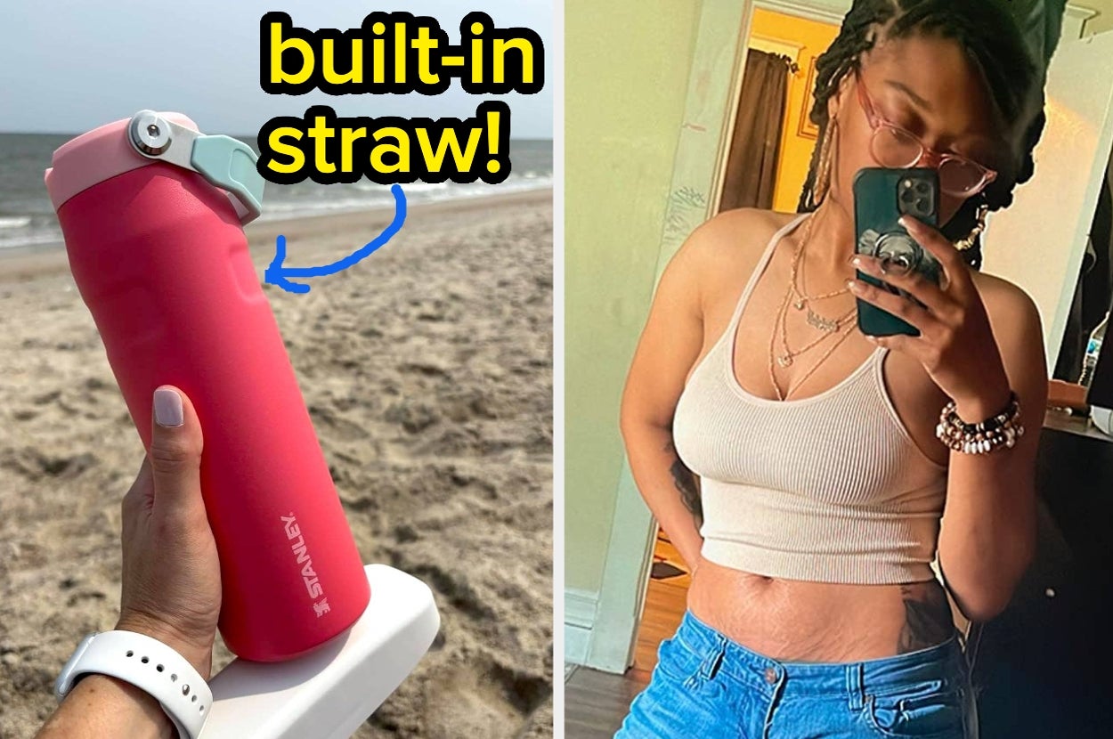 reviewer holding Stanley cup, reviewer wearing ripped tank top