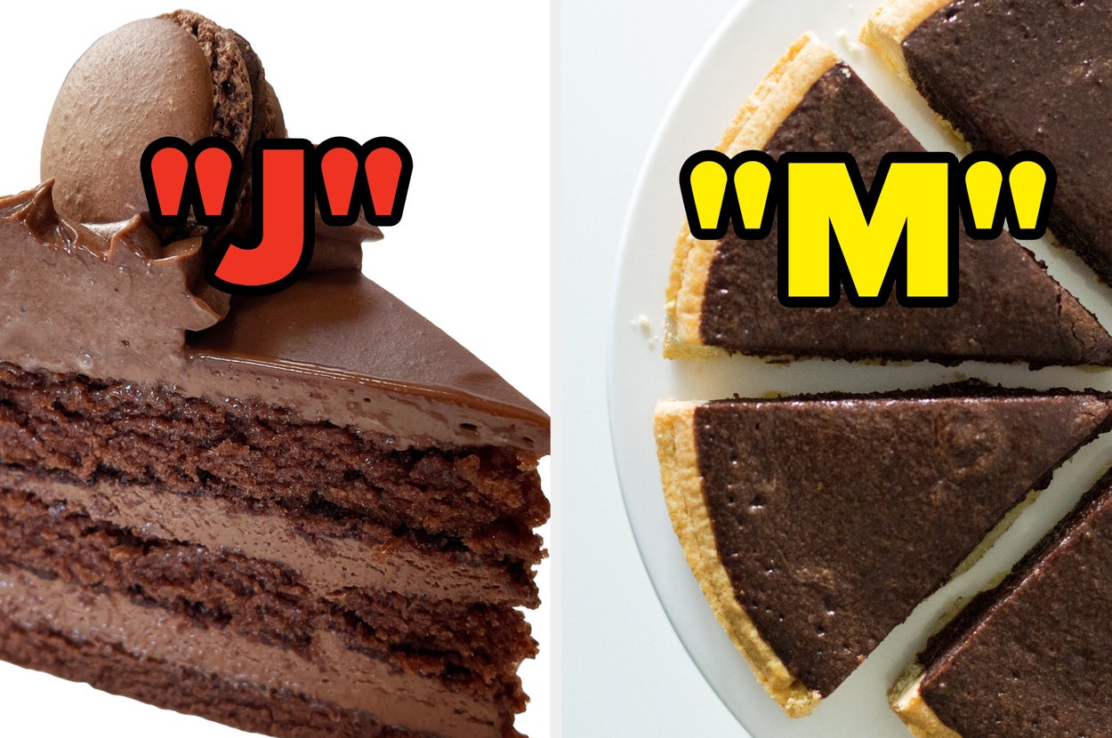 Chocolate cake slice labeled "J" on left, chocolate pie labeled "M" on right