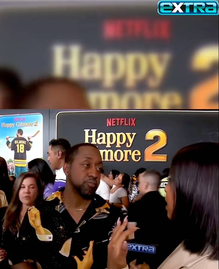 Jaleel White being interviewed at an event for "Happy Gilmore 2," wearing a shirt with a patterned design