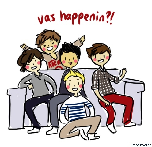 Ilustración de cinco personajes animados sonrientes sentados en un sofá, con la frase &quot;vas happenin?!&quot; encima