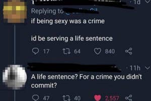 Social media exchange: A user claims they'd get a life sentence for being sexy; another user humorously replies questioning the validity of the "crime."